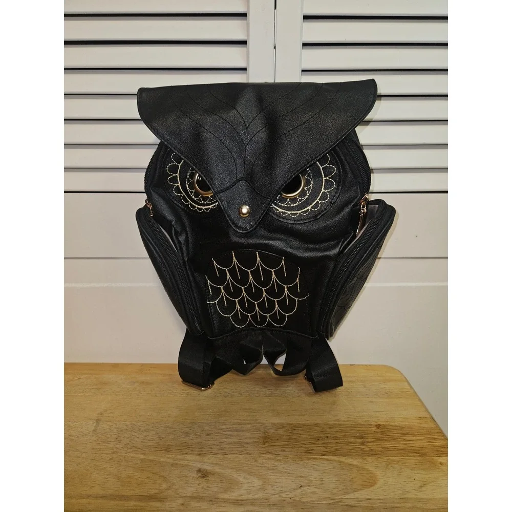 Black Faux Leather Owl Novelty Backpack Gold Embroidery Whimsical Animal Bag